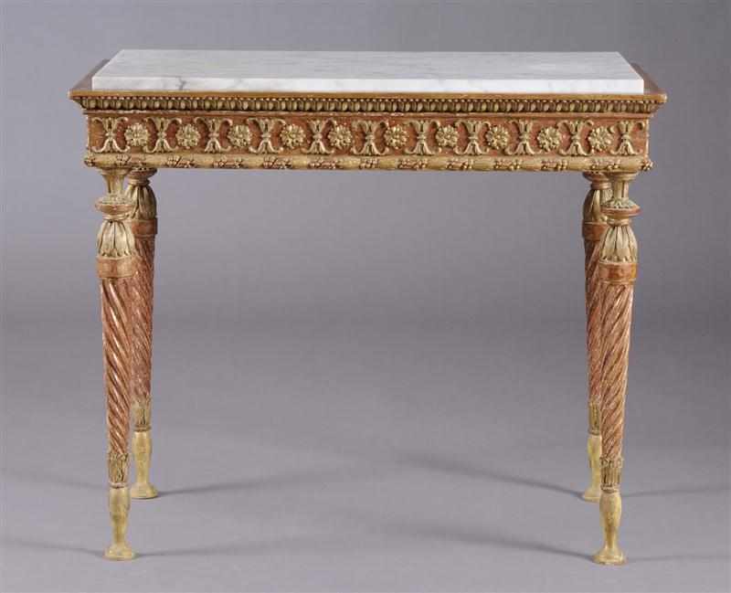 Appraisal: SWEDISH NEOCLASSICAL CARVED PAINTED AND PARCEL-GILT CONSOLE TABLE WITH MARBLE