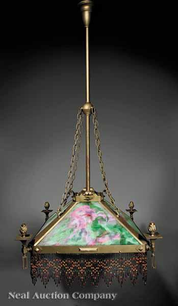 Appraisal: A Large Green Slag Glass and Brass Billiards Chandelier early