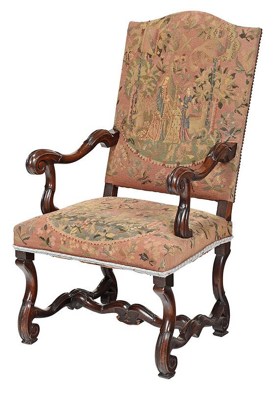 Appraisal: Flemish Baroque Style Tapestry Upholstered Armchair early th century walnut