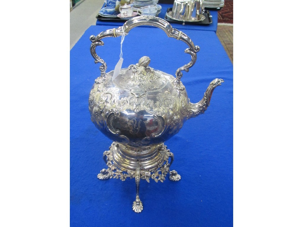 Appraisal: Silver plated spirit kettle with birds head spout on stand