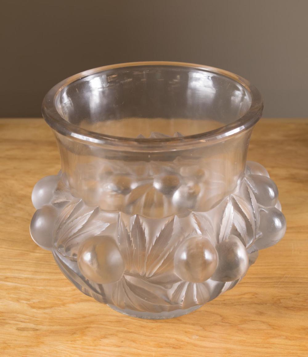 Appraisal: RENE LALIQUE PRUNES VASE c clear and frosted glass featuring