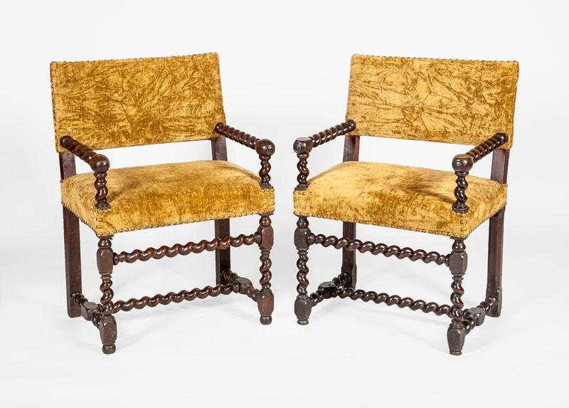 Appraisal: PAIR OF CONTINENTAL BAROQUE STYLE STAINED WALNUT ARMCHAIRS x x