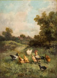 Appraisal: LOUIS MARIE LEMAIRE FRENCH - Chickens In the Yard oil