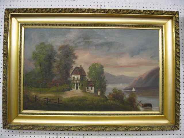 Appraisal: th Century Oil European landscape farmhouse along the lake image