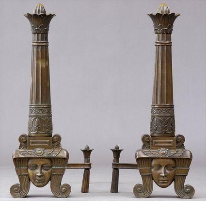 Appraisal: PAIR OF BRONZE EGYPTIAN REVIVAL ANDIRONS Each fluted column with