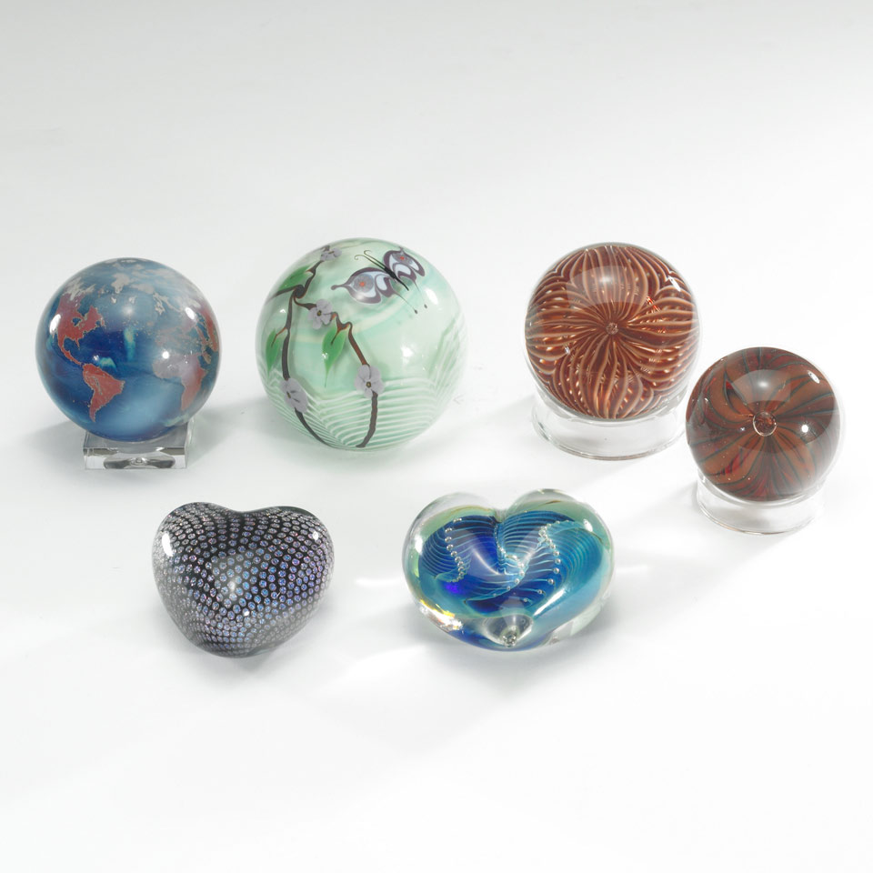 Appraisal: Group of Six Studio Glass Paperweights Bridgeton Studio Ziegler Ronald