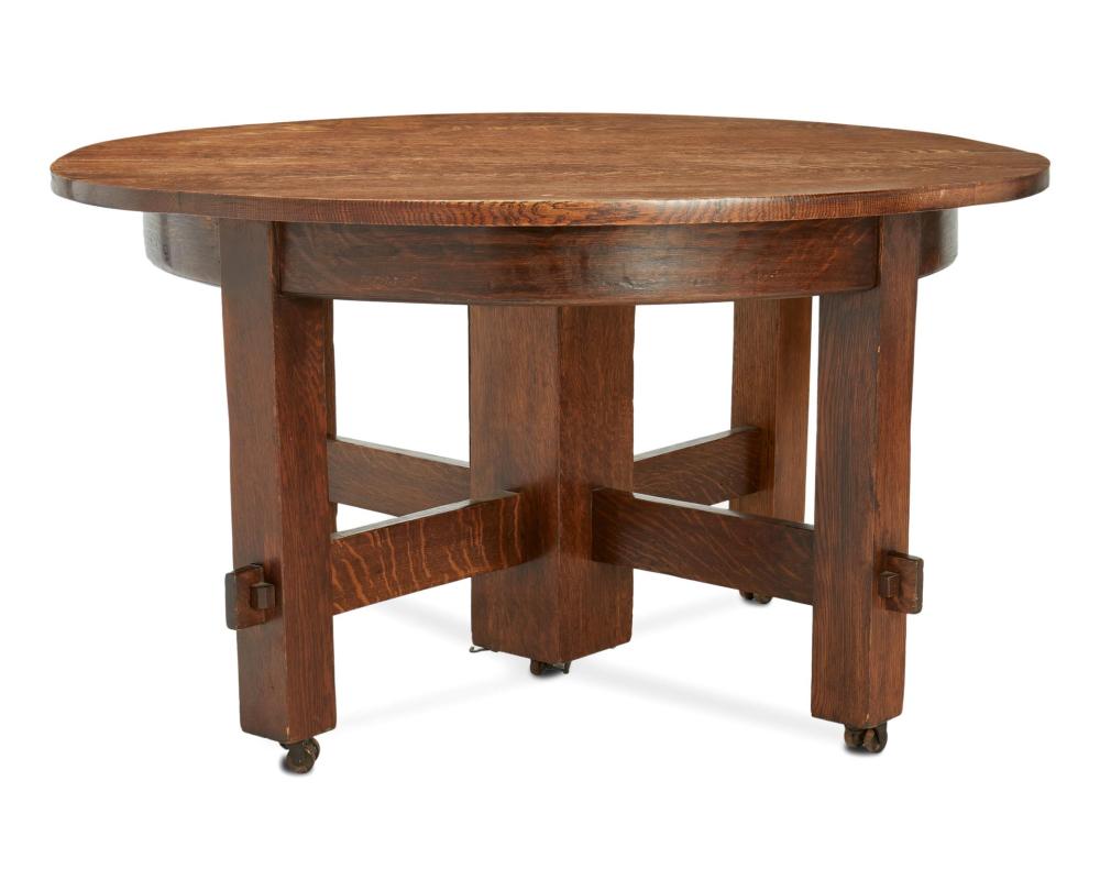 Appraisal: An Arts and Crafts-style extendable oak dining table First-quarter th