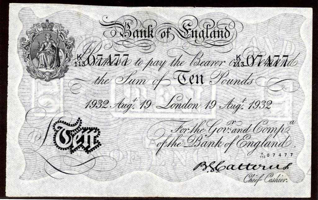 Appraisal: BANK OF ENGLAND B G CATTERNS WHITE TEN POUNDS AUGUST