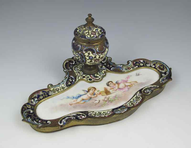 Appraisal: FRENCH BRONZE CLOISONNE PORCELAIN INKWELL Urn shape inkwell on bronze