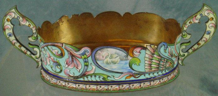 Appraisal: Faberge enameled silver oval bowl with double handles enameled swan