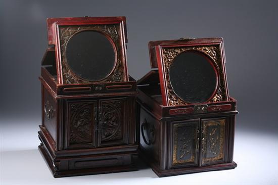 Appraisal: TWO CHINESE LACQUERED AND GILT WOOD JEWELRY BOXES AND MIRRORS