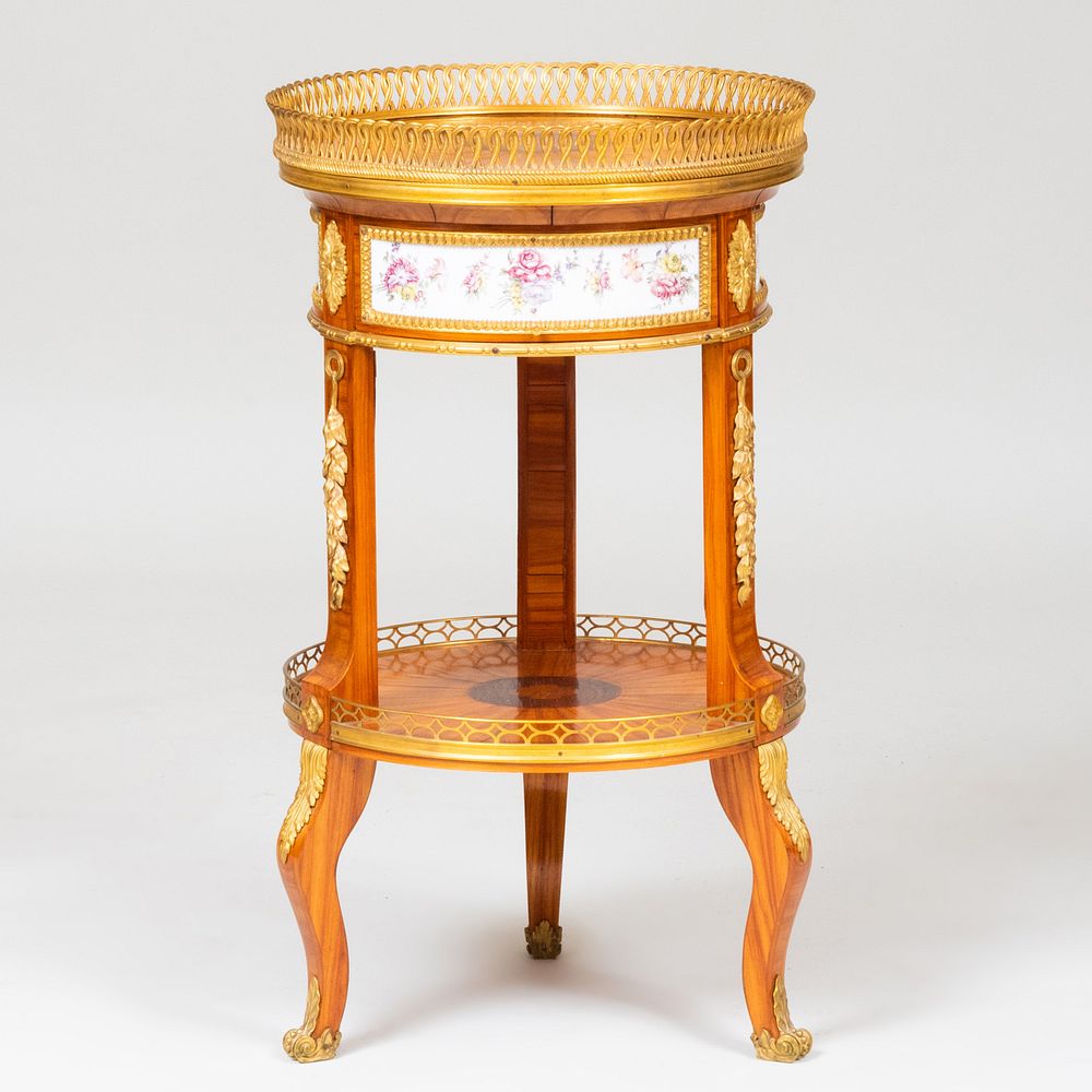 Appraisal: Louis XV XVI Style Ormolu and Porcelain-Mounted Tulipwood Parquetry Side