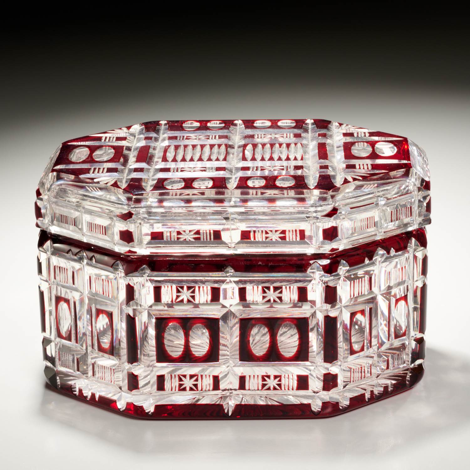 Appraisal: BOHEMIAN RUBY CUT TO CLEAR GLASS BOX th c lidded