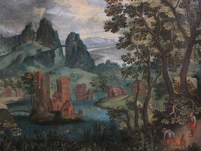 Appraisal: Flemish School Early th Century A mountain landscape with huntsmen