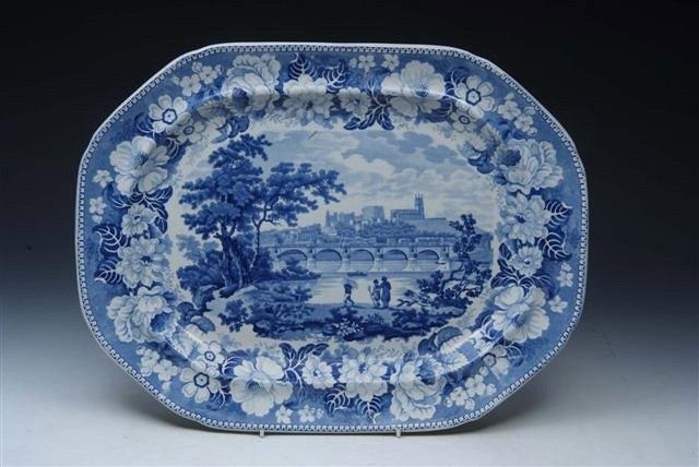 Appraisal: A TH CENTURY TRANSFER BLUE LARGE OVAL MEAT PLATE decorated