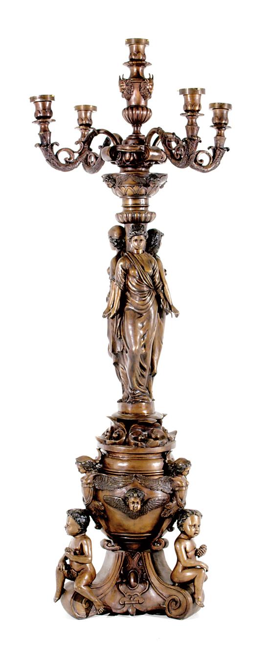 Appraisal: Monumental Classical style bronze five-light torchere scrolling arms and central