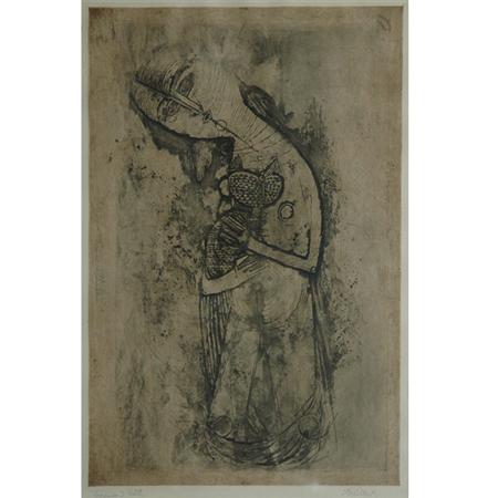 Appraisal: Johnny Friedlaender WOMAN AND CAT Etching and aquatint Estimate nbsp