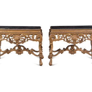 Appraisal: A Pair of Italian Baroque Style Giltwood Composition Marble-Top Console