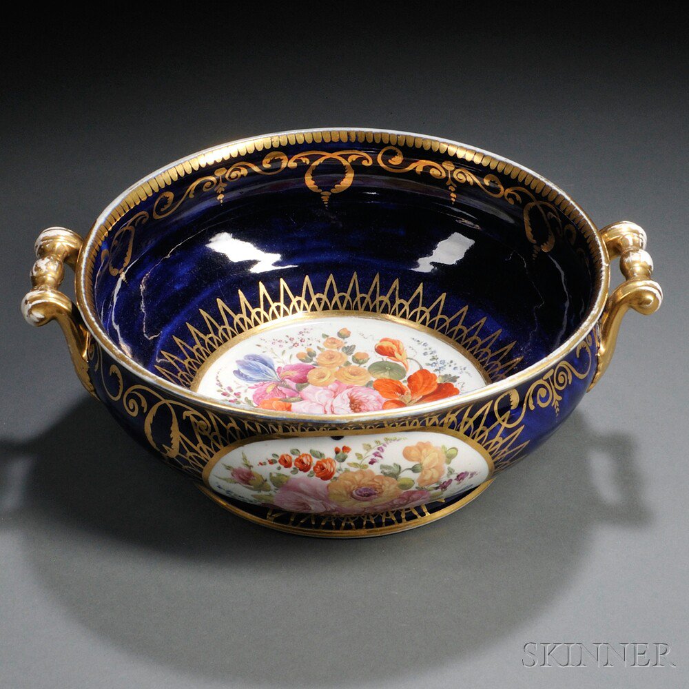 Appraisal: Coalport Floral-decorated Porcelain Bowl England c gilding to scrolled handles