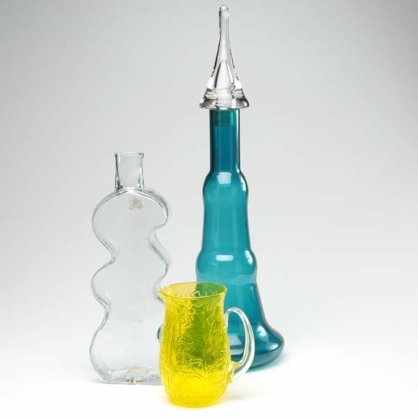 Appraisal: BLENKO GLASS Three-piece group including a teal stoppered bottle clear