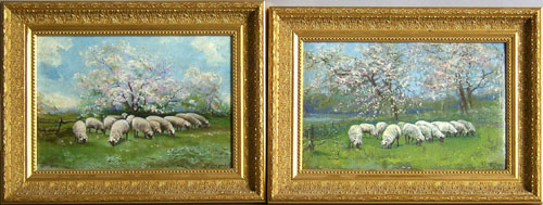 Appraisal: Pair of oil on canvas landscapes with sheep early th