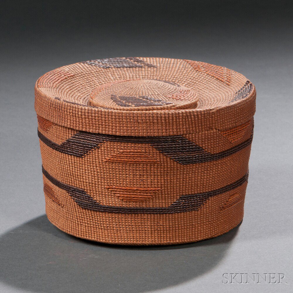 Appraisal: Tlingit Polychrome Rattle-top Twined Basket c with banded geometric designs