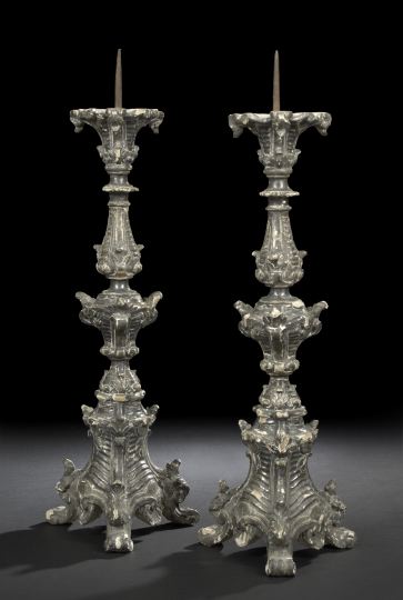 Appraisal: Tall Pair of Neapolitan Carved and Silver-Leafed Pricket Candlesticks third