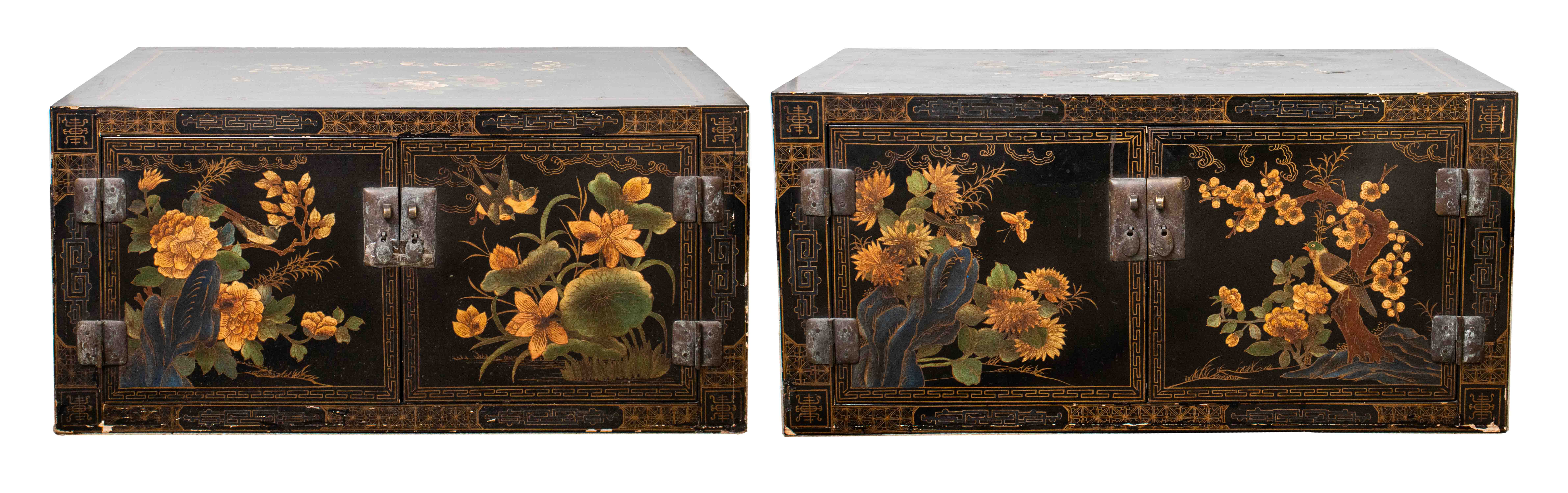 Appraisal: CHINESE HAND PAINTED BLACK LACQUER CABINETS PAIR Pair of Chinese