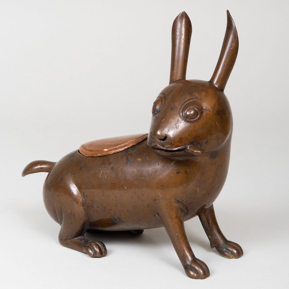 Appraisal: Japanese Bronze Rabbit Form Censer With later wood cover x