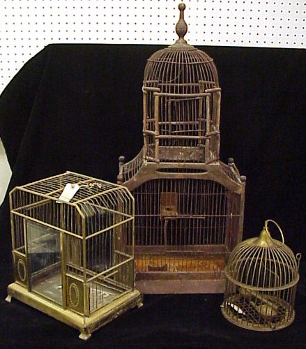 Appraisal: Three bird cages Largest made of wood wire and sheet