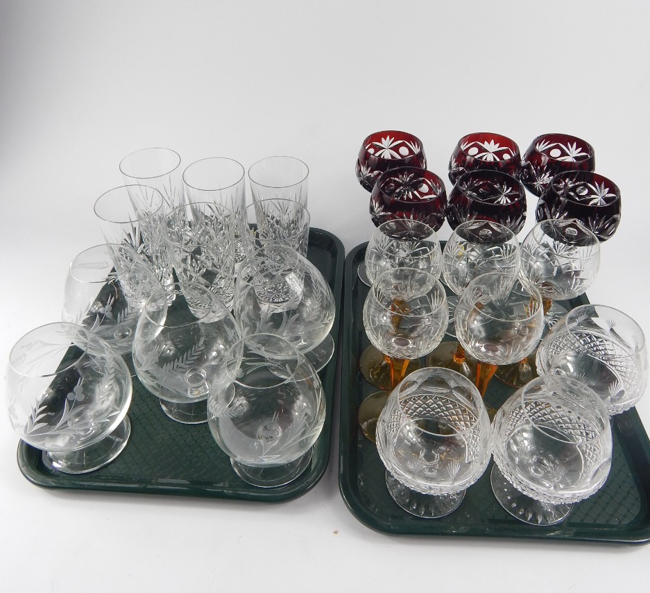 Appraisal: A set of six ruby flashed hock glasses five further