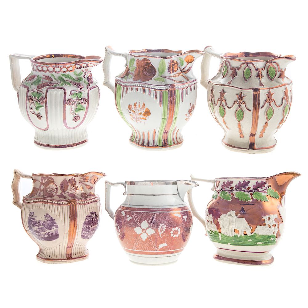 Appraisal: Six English Pink Lustre Jugs first quarter th century with