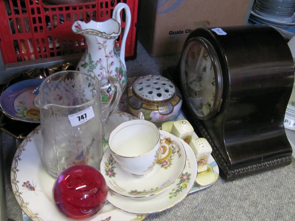 Appraisal: Tray of assorted ceramics and a wooden mantle clock