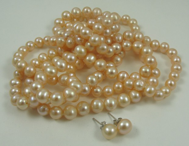 Appraisal: THREE ARTICLES OF PINK PEARL JEWELRY including a necklace and