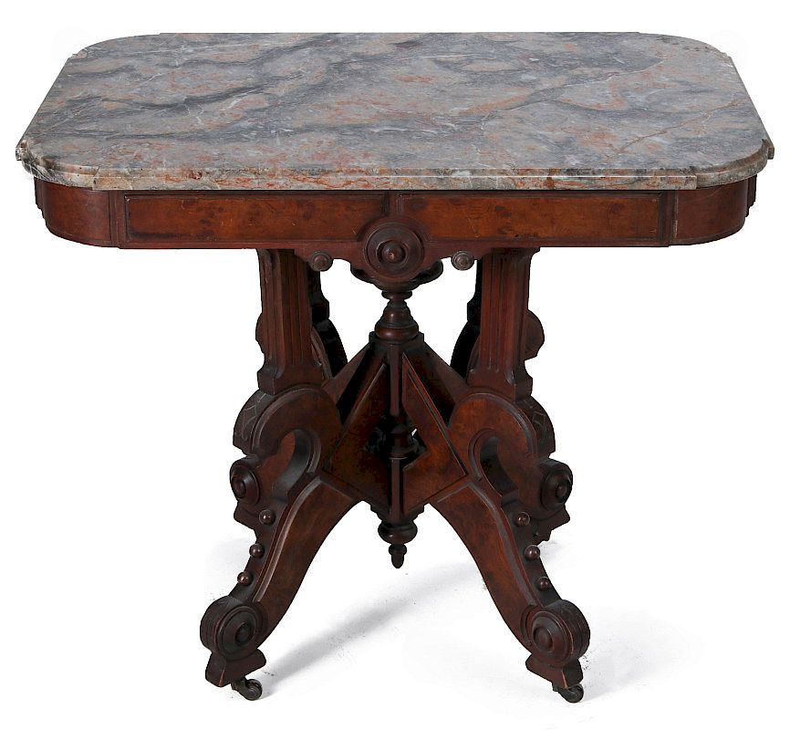 Appraisal: AN ORNATE VICTORIAN WALNUT PARLOR TABLE W MARBLE A nice