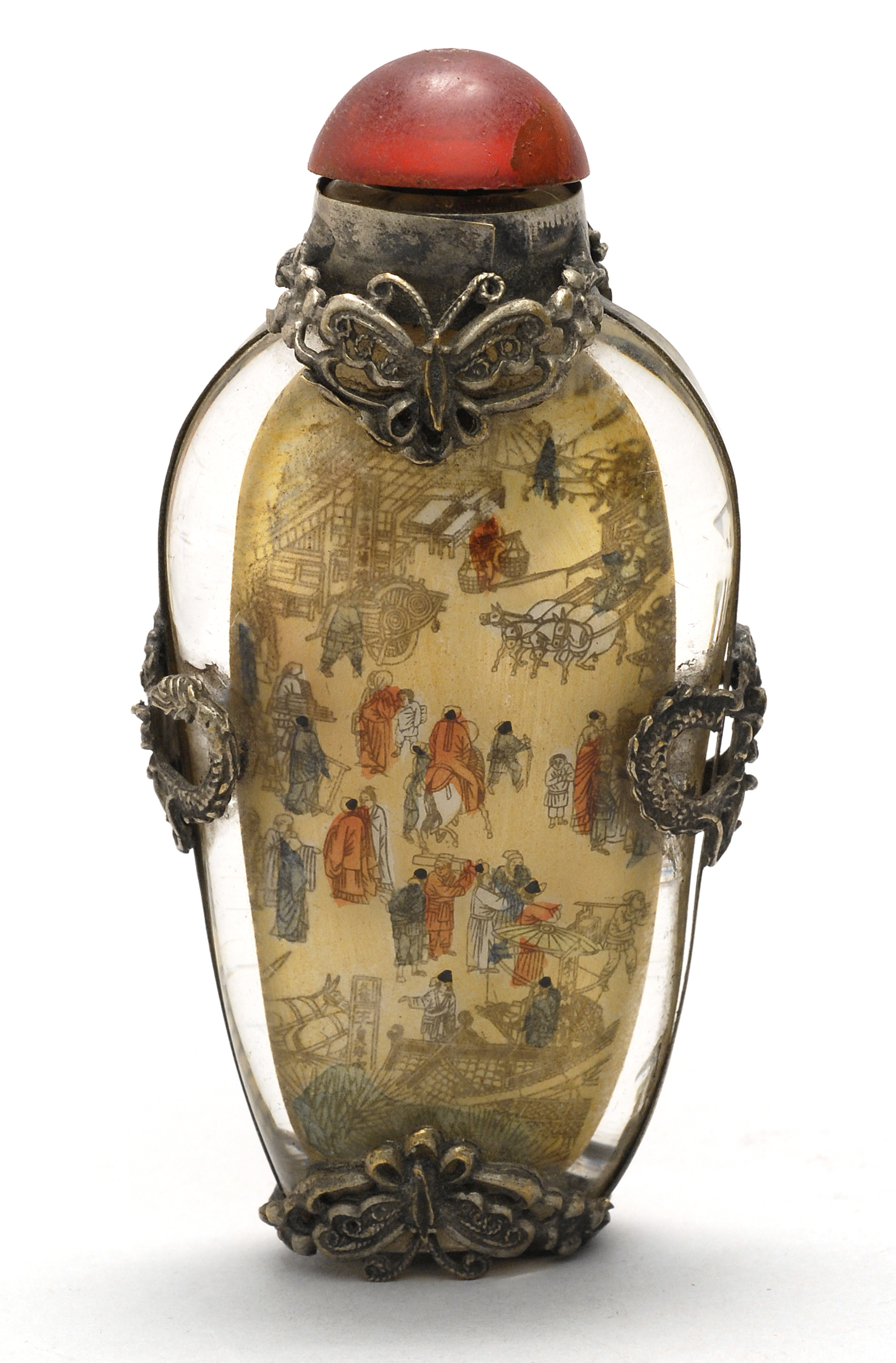 Appraisal: UNUSUAL SILVER-MOUNTED INTERIOR-PAINTED GLASS SNUFF BOTTLE th CenturyIn spade shape