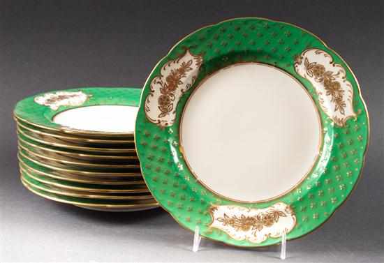 Appraisal: Set of eleven Minton green banded parcel-gilt china luncheon plates