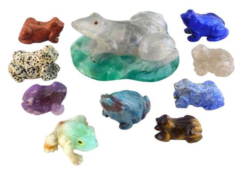 Appraisal: Ten carved hardstone frogs and toads semi-precious stones appear to