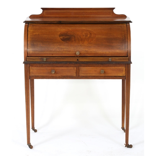 Appraisal: An inlaid mahogany cylinder top writing desk early th c