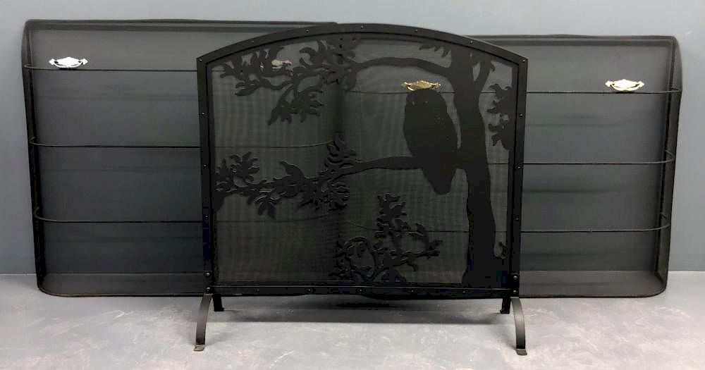 Appraisal: Three Fire Screens Owl decorated black mesh fire screen th