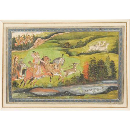 Appraisal: Indian School th Century Hunting party within a blue border