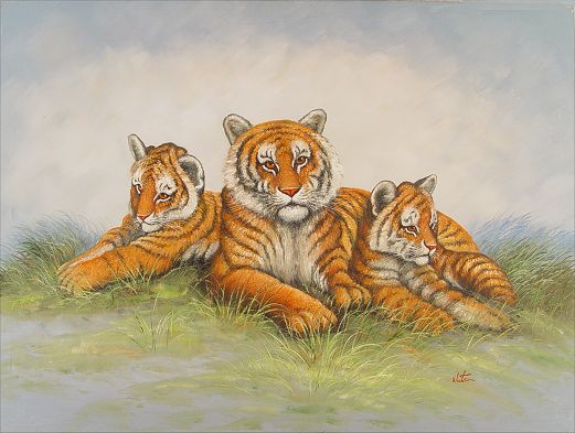 Appraisal: TIGER CUBS OIL C PAINTING SIGNED WATSON OIL C of