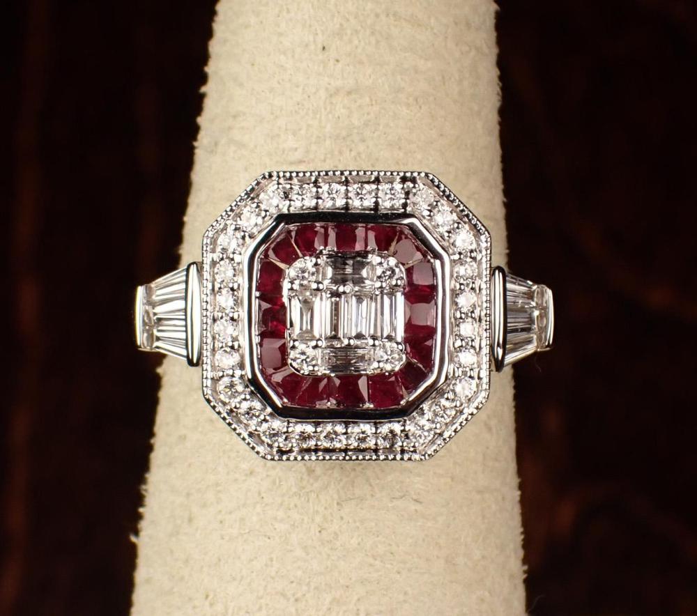 Appraisal: DIAMOND RUBY AND EIGHTEEN KARAT GOLD RING The white gold