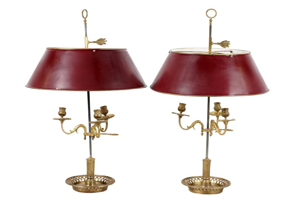 Appraisal: PAIR OF FRENCH BOUILLOTTE LAMPSwith tole shades and gilt bases