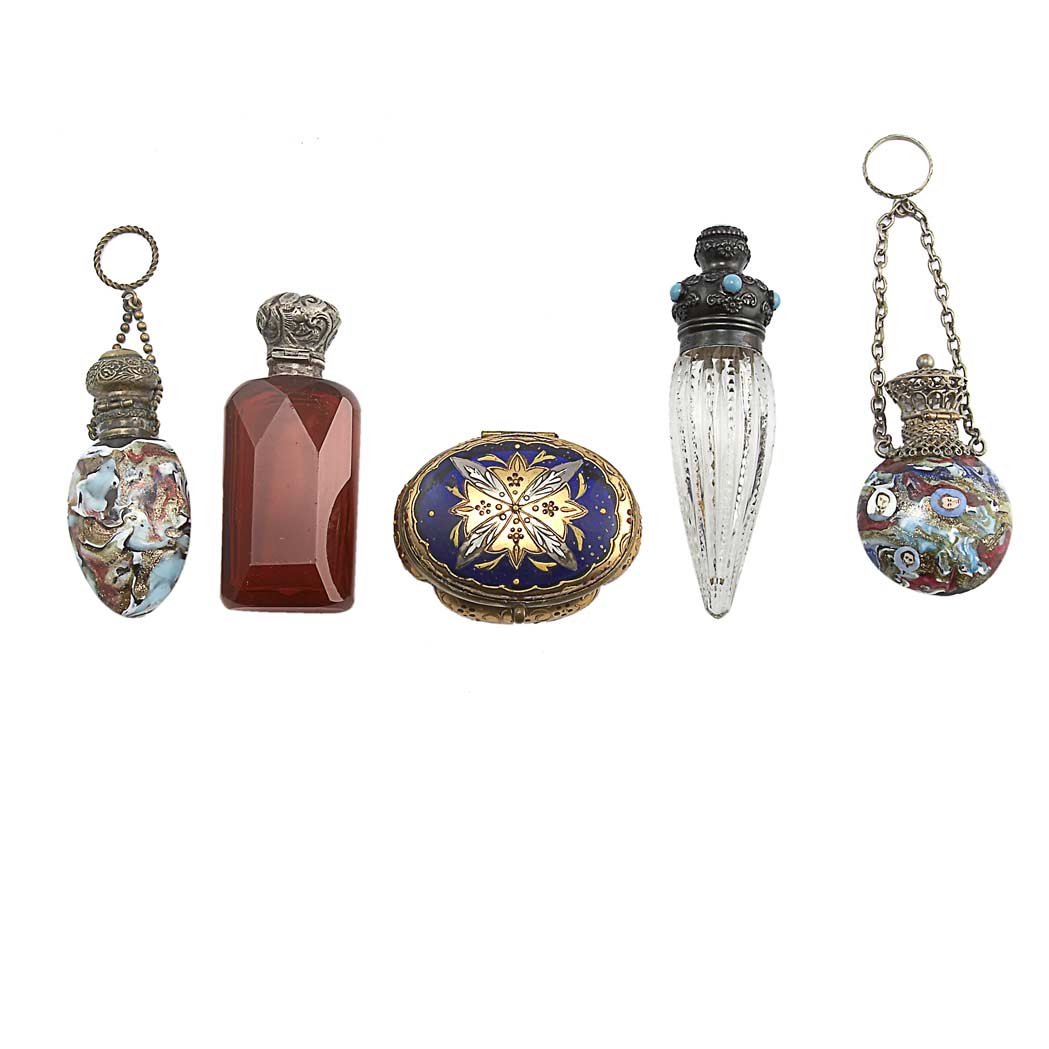 Appraisal: Group of Four Metal Mounted Glass Scent Bottles Comprising two