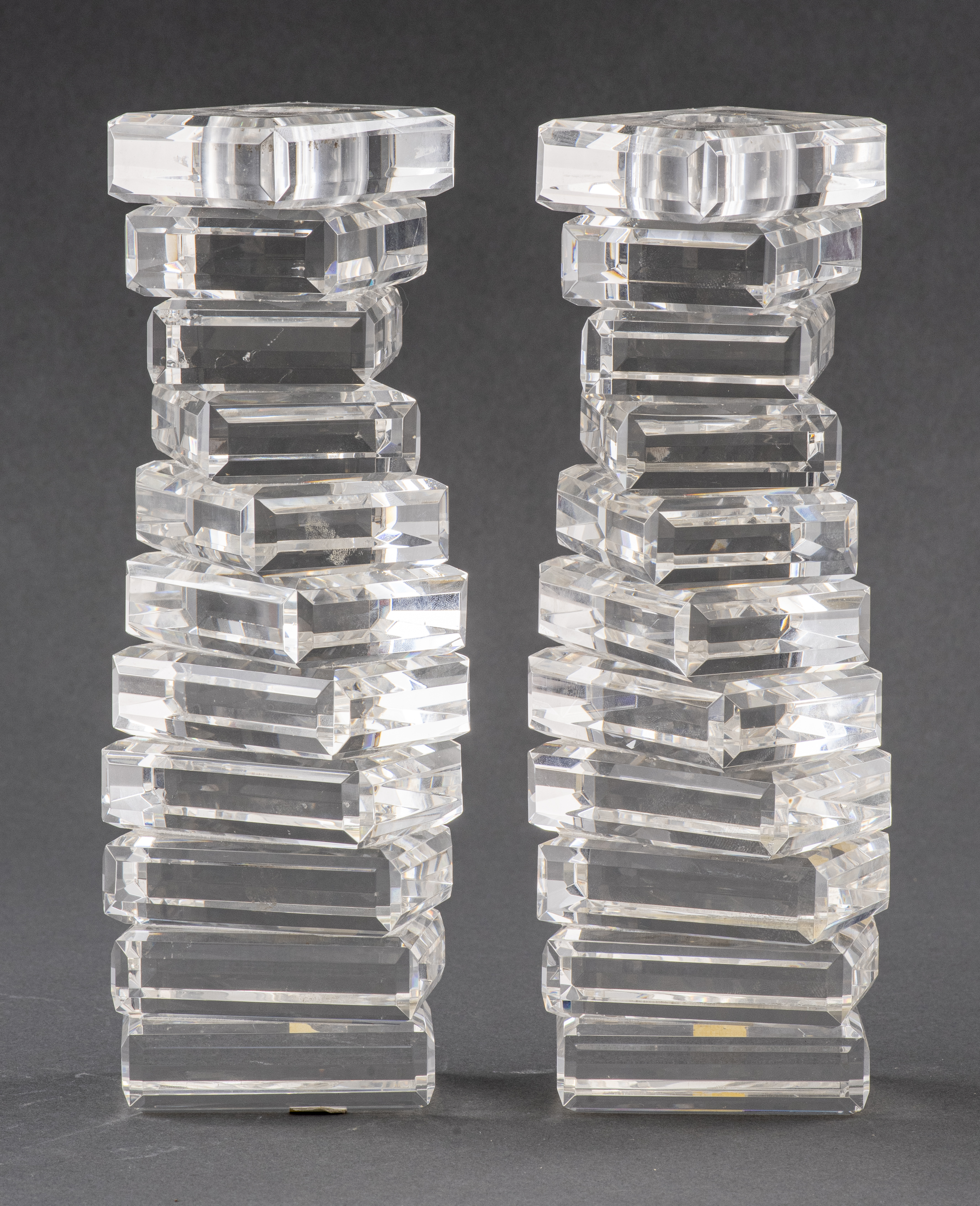 Appraisal: MODERN CRYSTAL GLASS CANDLESTICKS PAIR Pair of modern crystal glass