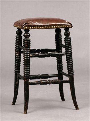 Appraisal: English Ring-Turned Stool with Leather-Upholstered Seat x x in