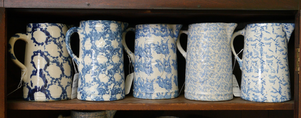 Appraisal: LARGE SPONGEWARE PITCHERS Blue decorated jugs each approx '' tallCONDITION