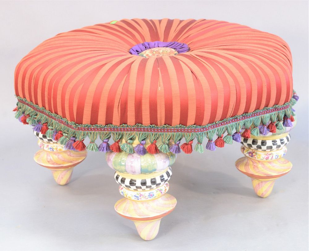 Appraisal: Large red upholstered Mackenzie Childs ottoman with hand painted ceramic