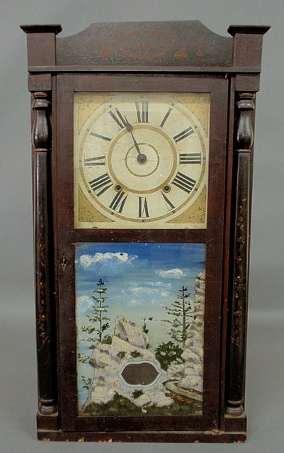 Appraisal: Mahogany cased shelf clock with stencil decoration wooden works and